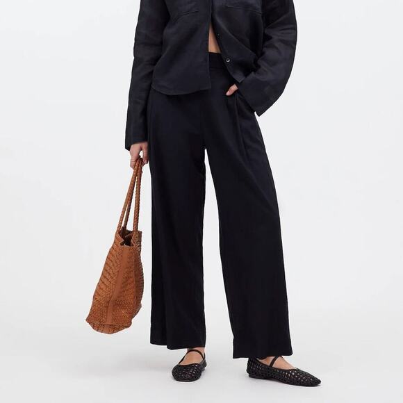 Madewell Pant Pull-On Straight Crop High Rise Linen Blend True Black NWT 00 - Picture 1 of 8